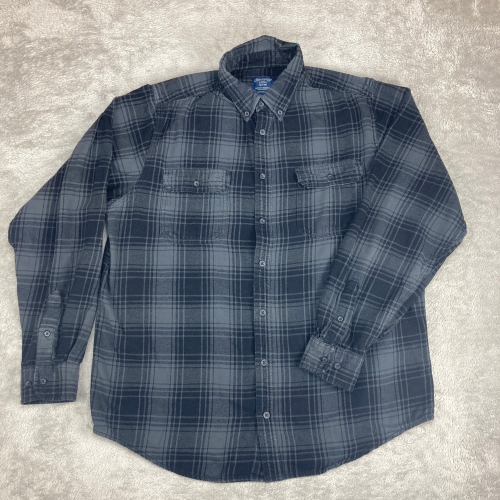 Faded Glory Flannel Shirt Mens LT Gray Black Plaid Long Sleeve Button Up